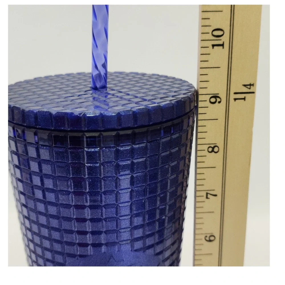 Starbucks 2022 Blue Grid Textured 24oz Venti Cold Cup Tumbler with Straw Glitter